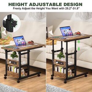 Height Adjustable C Shaped End Table with Charging Station, Mobile Laptop Side Table with USB Port and Wheels, Sofa Couch Table with 2-Tier Storage Shelve for Living Room Bedroom, Rustic Brown