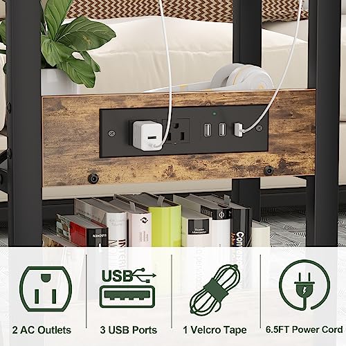 Height Adjustable C Shaped End Table with Charging Station, Mobile Laptop Side Table with USB Port and Wheels, Sofa Couch Table with 2-Tier Storage Shelve for Living Room Bedroom, Rustic Brown