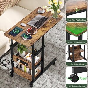 Height Adjustable C Shaped End Table with Charging Station, Mobile Laptop Side Table with USB Port and Wheels, Sofa Couch Table with 2-Tier Storage Shelve for Living Room Bedroom, Rustic Brown