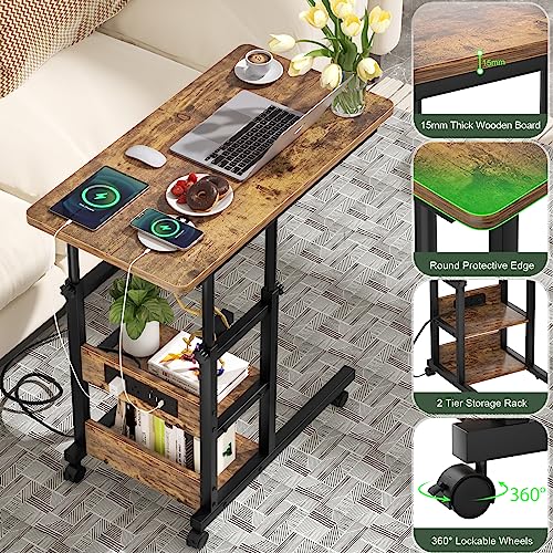 Height Adjustable C Shaped End Table with Charging Station, Mobile Laptop Side Table with USB Port and Wheels, Sofa Couch Table with 2-Tier Storage Shelve for Living Room Bedroom, Rustic Brown