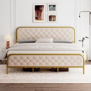 feonase king size bed frame, upholstered bed frame with diamond tufted headboard, heavy duty metal slats, 12" storage space, no box spring needed, easy assembly, gold