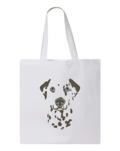 adorable dalmatian animal print black and white design, reusable tote bag, lightweight grocery shopping cloth bag, 13” x 14” with 20” handles