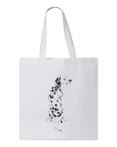 simple dalmatian animal print black and white design, reusable tote bag, lightweight grocery shopping cloth bag, 13” x 14” with 20” handles