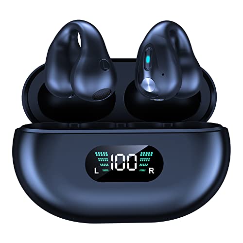 SHIJIAET Wireless Ear Clip Bone Conduction Earbuds Open Ear Headphones Bluetooth, Clip On Sport Wireless Earbuds Waterproof Outer Headphones Cycling Running Workout Ear Buds Black