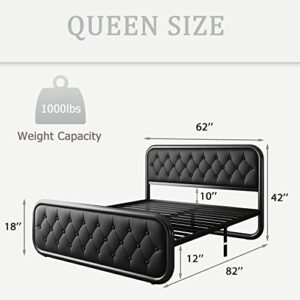 iPormis Queen Size Metal Bed Frame with Leather Headboard, Heavy-Duty Platform Bed Frame, Thicker Metal Steel Slats Support, 12'' Under-Bed Space, Noise-Free, Easy Assembly, Black