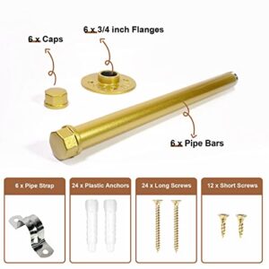 Pintuson 6 Pcs Industrial Pipe Clothes Bar 12 Inch - Wall Mount Clothing Rack - Face Out Closet Rods for Hanging Clothes Commercial Retail Boutique Laundry Shirt Display - Golden
