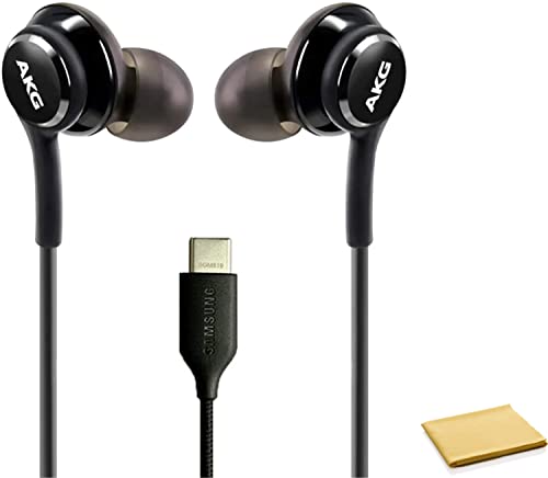 ElloGear 2023 Earbuds Stereo Headphones for Samsung Galaxy Note 10, Note 10+, Galaxy S10, S9 Plus, S10e - Designed by AKG - Cable with Microphone and Volume Remote Type-C Connector - Black with Cloth