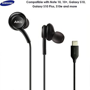 ElloGear 2023 Earbuds Stereo Headphones for Samsung Galaxy Note 10, Note 10+, Galaxy S10, S9 Plus, S10e - Designed by AKG - Cable with Microphone and Volume Remote Type-C Connector - Black with Cloth