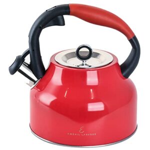 emeril lagasse 2.6 quart/2.5 liter whistling tea kettle, stainless steel tea pot for induction stove top, fast to boil water for home kitchen condo, with ergonomic cool grip handle, red
