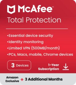 mcafee total protection 2023 | 3 devices | 15 month subscription | antivirus software includes secure vpn, password manager, dark web monitoring | amazon exclusive | download