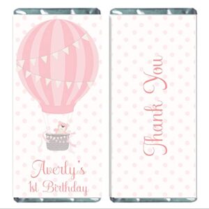 hot air balloon party favors, personalized candy wrappers for chocoalte, pack of 20 custom hershey bar labels (pink)