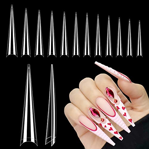 Lionvison 4XL Stiletto Nail Tips for Acrylic Nails Professional, 300PCS Clear Nail Tips Half Cover Extra Long Nail Tips French Artificial False Nails for Nail Salon Home DIY, 12 Sizes Fake Nail Tips