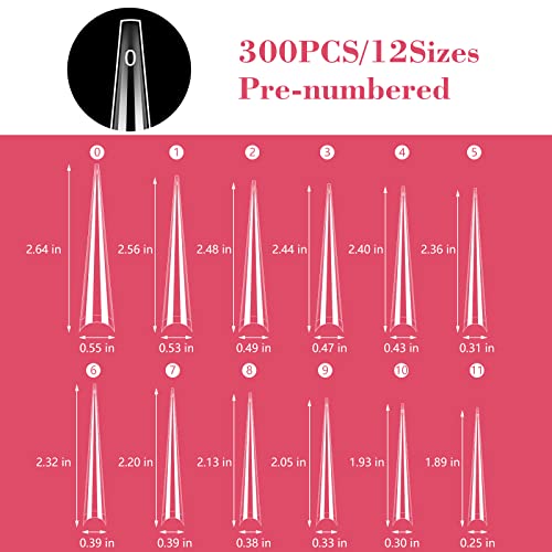 Lionvison 4XL Stiletto Nail Tips for Acrylic Nails Professional, 300PCS Clear Nail Tips Half Cover Extra Long Nail Tips French Artificial False Nails for Nail Salon Home DIY, 12 Sizes Fake Nail Tips