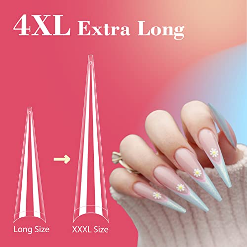 Lionvison 4XL Stiletto Nail Tips for Acrylic Nails Professional, 300PCS Clear Nail Tips Half Cover Extra Long Nail Tips French Artificial False Nails for Nail Salon Home DIY, 12 Sizes Fake Nail Tips