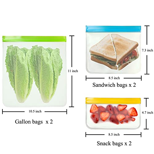 Food Storage Bags,6 Packs Reusable Freezer Bags Leakproof,BPA Free PEVA Reusable Gallon Bags,Sandwich Bags,Snack Bags