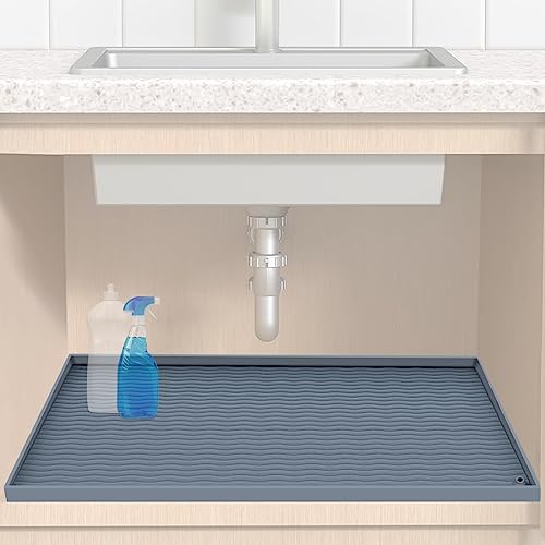 LronFensy Under Sink Mats for Kitchen Waterproof, 31'' x 22'' Silicone Under Sink Liner Drip Tray with Drain Hole, Under Sink Mat for Kitchen, Bathroom, Sink Cabinet Protector Mats - Grey