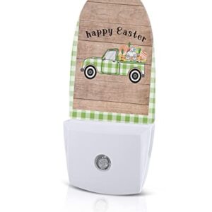 Spring Easter Night Light, LED Plug in Night Light, Green Plaid Truck Bunny Colorful Eggs Retro Wood Night Lights with Dusk to Dawn Sensor Decorative Kids/Adults Nightlight for Bedroom Bathroom