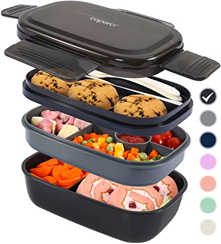 Caperci Stackable Bento Box Adult Lunch Box - 3 Layers All-in-One Lunch Containers with Multiple Compartments for Adults & Kids, 55 oz Large Capacity, Built-in Utensil Set & BPA Free (Black)