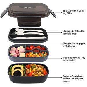 Caperci Stackable Bento Box Adult Lunch Box - 3 Layers All-in-One Lunch Containers with Multiple Compartments for Adults & Kids, 55 oz Large Capacity, Built-in Utensil Set & BPA Free (Black)