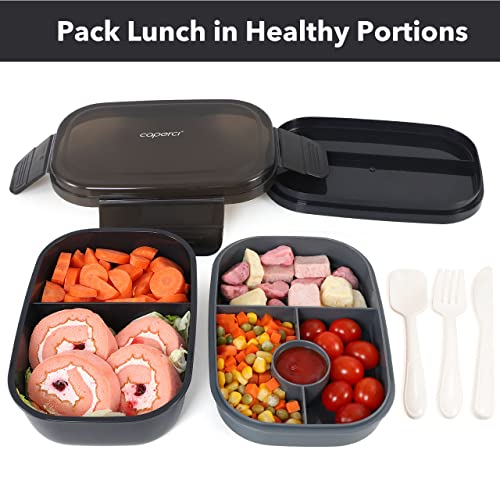 Caperci Stackable Bento Box Adult Lunch Box - 3 Layers All-in-One Lunch Containers with Multiple Compartments for Adults & Kids, 55 oz Large Capacity, Built-in Utensil Set & BPA Free (Black)