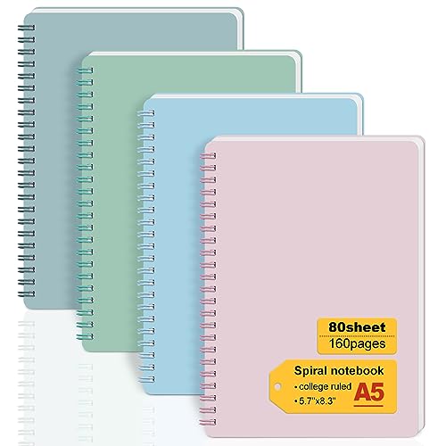 Spiral Notebook, 5.7" x 8.3" College Ruled Notebook with 4 Colors Spiral Journals for Women, 80 Sheets / 160 Pages Per Journal with Twin-Wire Binding, Thick Plastic Hardcover and 8mm Ruled Lined