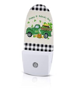 st. patrick's day night light, led plug in night light, black white checkered green truck clover gold night lights with dusk to dawn sensor decorative kids/adults nightlight for bedroom bathroom