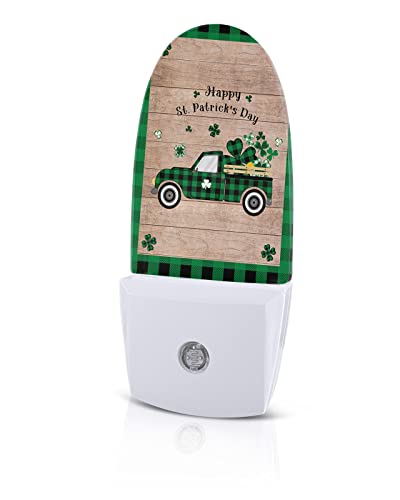 St. Patrick's Day Night Light, LED Plug in Night Light, Black and Green Checkered Board Truck Lucky Clover on Wood Night Lights with Dusk to Dawn Sensor Kids/Adults Nightlight for Bedroom Bathroom