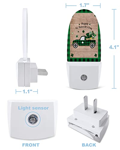 St. Patrick's Day Night Light, LED Plug in Night Light, Black and Green Checkered Board Truck Lucky Clover on Wood Night Lights with Dusk to Dawn Sensor Kids/Adults Nightlight for Bedroom Bathroom