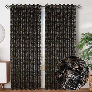 lecloud snow 100% blackout velvet curtains 84 inches length 2 panels，gold foil printed thermal insulated energy saving drapes for living room, noise reducing black curtain for bedroom, 52" wx84 l