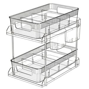 2 tier bathroom organizer with dividers,1 set clear under sink organizers storage slide out bathroom vanity counter storage container with 4 cups for kitchen pantry cabinet closet, medicine organizer