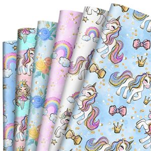 anydesign 12 sheet unicorn wrapping paper 6 designs pink blue unicorn rainbow flowers gift wrap paper bulk folded flat art paper for birthday baby shower diy gift packing, 19.7 x 27.6 inch
