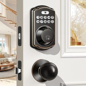 Veise Keyless Entry Door Lock with 2 Door Knobs - Keypad Door Lock with Handle, Front Door Lock Set, Electronic Keypad Deadbolt Smart Lock, Auto Lock, Easy Installation, Oil-Rubbed Bronze