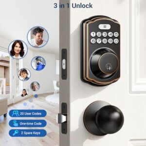 Veise Keyless Entry Door Lock with 2 Door Knobs - Keypad Door Lock with Handle, Front Door Lock Set, Electronic Keypad Deadbolt Smart Lock, Auto Lock, Easy Installation, Oil-Rubbed Bronze