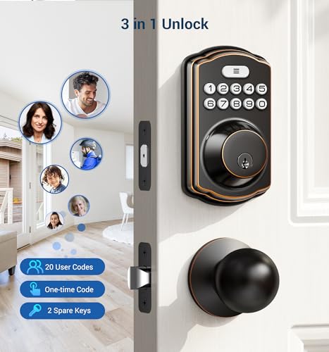 Veise Keyless Entry Door Lock with 2 Door Knobs - Keypad Door Lock with Handle, Front Door Lock Set, Electronic Keypad Deadbolt Smart Lock, Auto Lock, Easy Installation, Oil-Rubbed Bronze