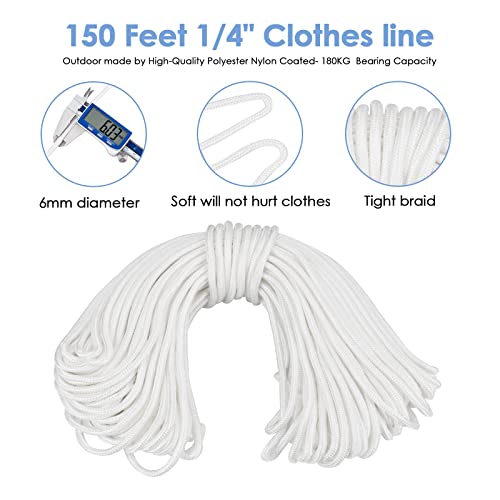 TooTaci Outdoor Clothesline Kit,Clothes Line Pulley Kit,5" Nylon Clothesline Pulley,150ft Polyester Clothes Line Ropes for Outside,Clotheslines S Separator Spreader,Clothesline Tightener,Hooks