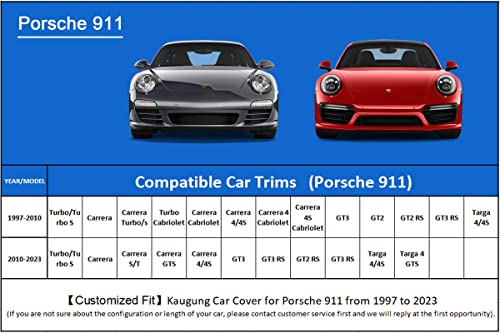 Kaugung Car Cover Waterproof Custom Fit Porsche 911（1997-2023）, Lightweight Full Exterior Cover for Automobiles All Weather Outdoor Sun UV Rain Dust Snow Wind Protection.