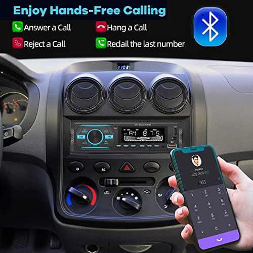 Single Din Car Audio System, FM Radio Receiver, in-Dash Car Stereo, Bluetooth Hands-Free Calling, MP3 Player, USB, AUX-in, IR Remoter, 7-Color Illumination, 12V