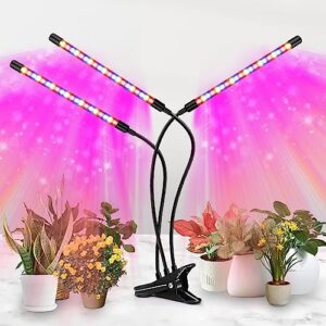 zxmean led grow light, 3 heads red blue white full spectrum plant light with clamp for indoor plants & seed starting, 10-level dimmable, auto on off, timing 4 9 12hrs