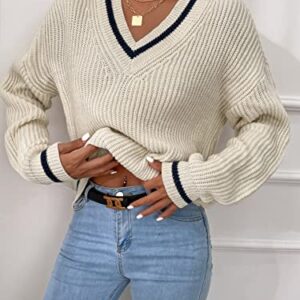 SHENHE Women's V Neck Ribbed Knit Long Sleeve Drop Shoulder Pullover Sweater Tops Beige M