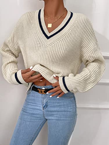 SHENHE Women's V Neck Ribbed Knit Long Sleeve Drop Shoulder Pullover Sweater Tops Beige M