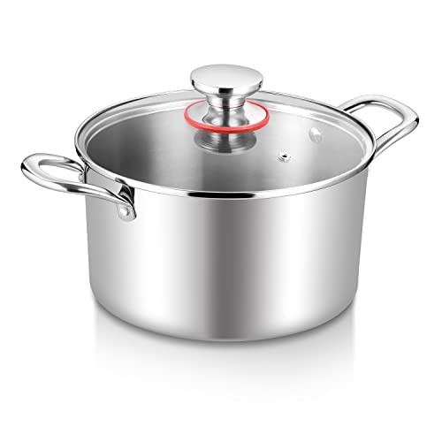 TeamFar 5 Quart Stock Pot, Stainless Steel Tri-Ply Cooking Pasta Soup Pot with See-Through Lid for Induction/Electric/Gas/Ceramic, Healthy & Heavy Duty, Ergonomic Handle & Dishwasher Safe