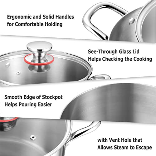 TeamFar 5 Quart Stock Pot, Stainless Steel Tri-Ply Cooking Pasta Soup Pot with See-Through Lid for Induction/Electric/Gas/Ceramic, Healthy & Heavy Duty, Ergonomic Handle & Dishwasher Safe