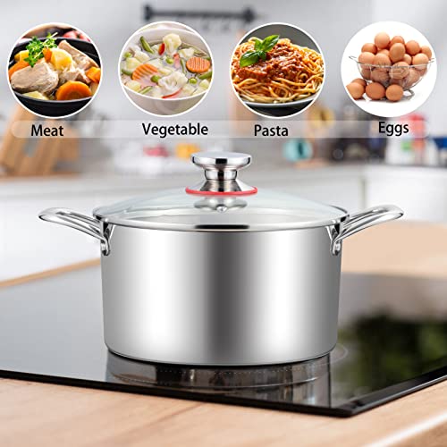 TeamFar 5 Quart Stock Pot, Stainless Steel Tri-Ply Cooking Pasta Soup Pot with See-Through Lid for Induction/Electric/Gas/Ceramic, Healthy & Heavy Duty, Ergonomic Handle & Dishwasher Safe