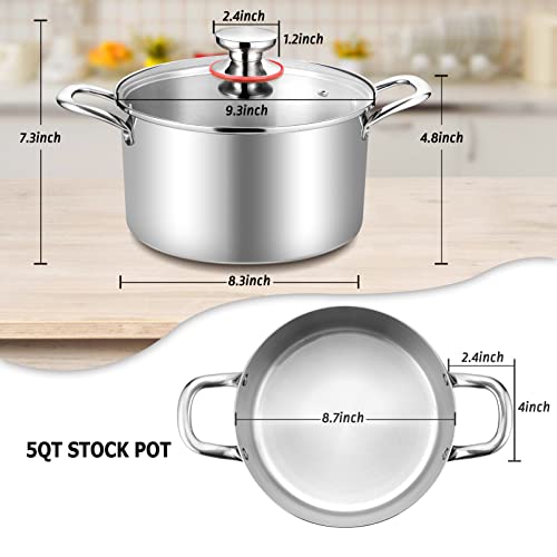 TeamFar 5 Quart Stock Pot, Stainless Steel Tri-Ply Cooking Pasta Soup Pot with See-Through Lid for Induction/Electric/Gas/Ceramic, Healthy & Heavy Duty, Ergonomic Handle & Dishwasher Safe