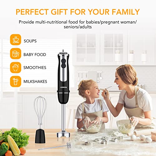 Acekool Immersion Hand Blender, 5-in-1 Handheld Blender 800W Powerful Copper Motor, 12 Speed Turbo Mode, 20 oz Beaker with Measuring Mark, 17 oz Food Chopper for SmoothiesStainless Steel Blades, Whisk