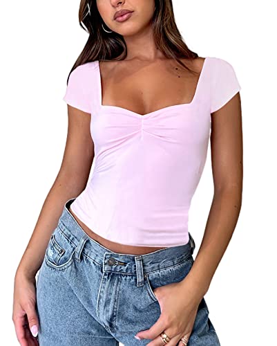 Women Summer Short Sleeve Top Y2K Square Neck Shirt Tee Basic Cute Slim Fitted Crop Top Blouse(B-Pink,S)