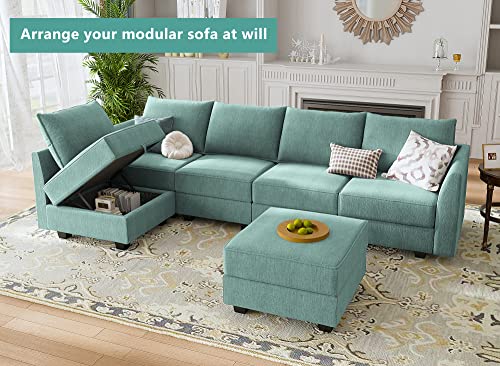 HONBAY Modular Sectional Sofa Sleeper Couch U Shaped Modular Couch with Storage Seats Full Size Modular Sofa Bed for Living Room, Aqua Blue