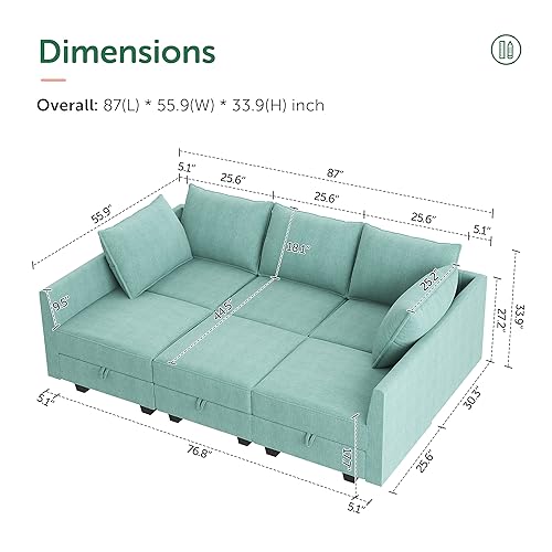 HONBAY Modular Sectional Sofa Sleeper Couch U Shaped Modular Couch with Storage Seats Full Size Modular Sofa Bed for Living Room, Aqua Blue