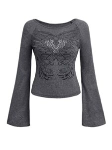 soly hux women's rhinestone heart print t shirt bell long sleeve fitted y2k tee tops solid grey l