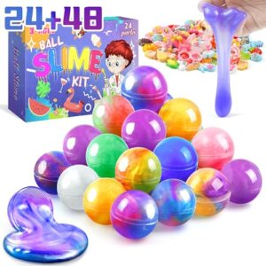 24+48 Galaxy Slime Party Favors for Kids, Slime Balls Pack Bulk Unicorn Mermaid Stress Relief Slime Gift Toys with Rings Slime Charms for Girls Boys 10-12, Crystal Clear Non-Sticky, Fluffy, Slime Kits